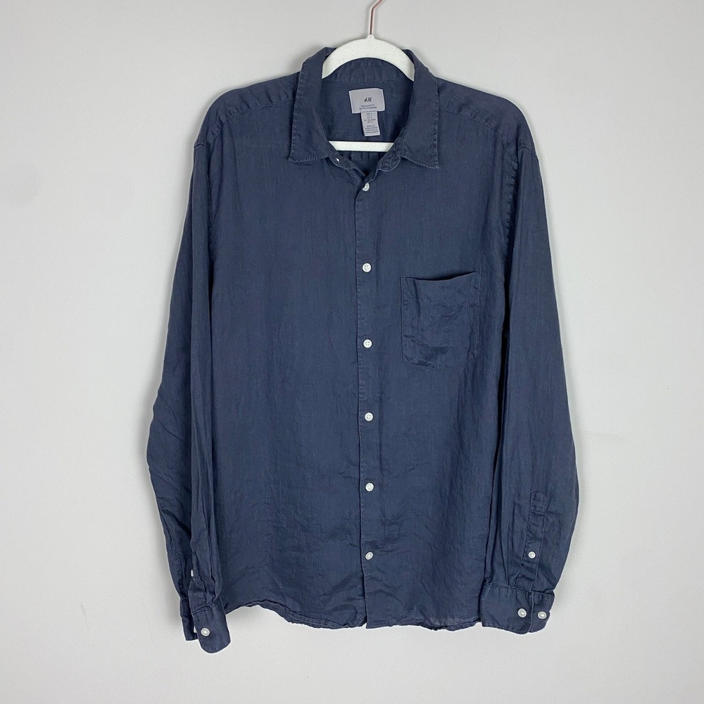 H&M Linen Button Down Shirt Mens Large Blue Long Sleeves Minimalist Capsule